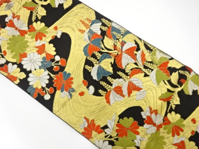 アンティーク　流水に菊・桐模様織り出し袋帯(着用可)